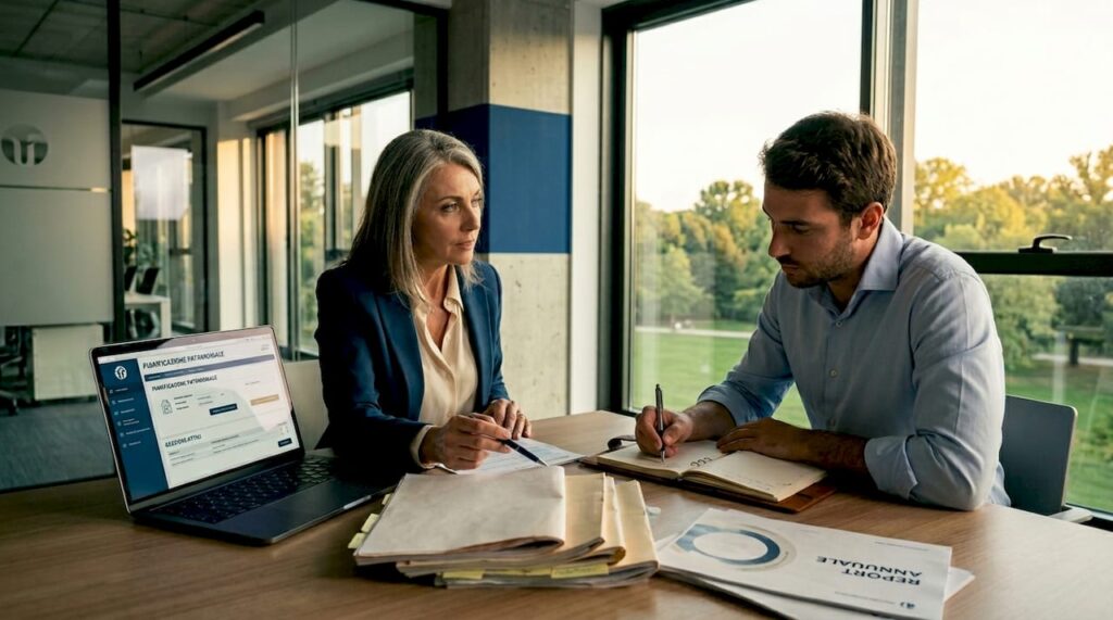 Il consulente e il cliente stanno analizzando insieme i documenti relativi alla valutazione del brand.