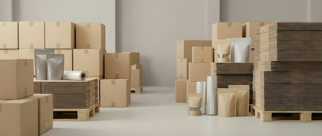 Scatole, buste e materiali da imballaggio organizzati su pallet