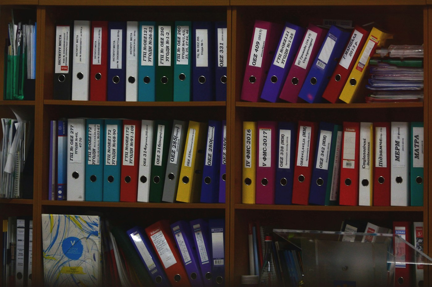 Raccoglitori ad anelli colorati ordinati sugli scaffali di un ufficio